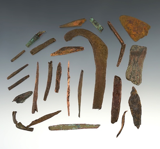Set of 24 patinated Copper and Metal artifacts found in Wisconsin. The largest is 2 3/4".