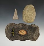 Set of 3 nice Ohio/Indiana artifacts including a Triangle point and a Celt. The largest is 5
