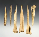 Set of 6 well patinated Bone Awls. The largest is 5 1/2