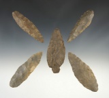 Set of 5 Hornstone Blades and points found in Peru, Indiana. The largest is 3 9/16