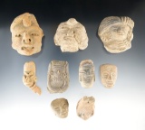 Set of 9 ancient PreColumbian Pottery Heads found in Mexico. The largest is 2 3/8