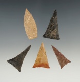 Set of 5 well made Kentucky/Tennessee Triangle points in great condition. The largest is 1 3/8