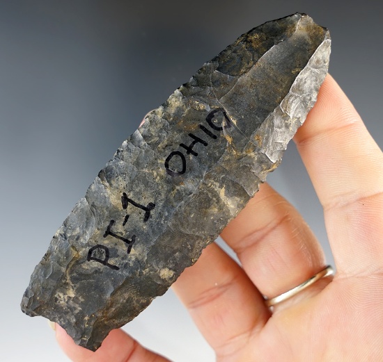 3 7/8" Clovis made from Coshocton Flint. Found in Delaware Co., Ohio.