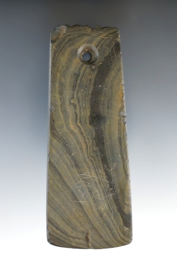 4 3/8" Trapezoidal Pendant - Banded Slate with a fringed top and some engravings.  Perry Co., Ohio.