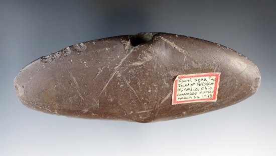 5 3/8" Brown Slate Archaic Bannerstone found near the town of Potsdam, Miami Co., Ohio.