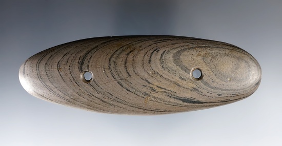 Exceptional 4 5/8" Elliptical Gorget made from Banded Slate. Ex. Jim Hovan collection.