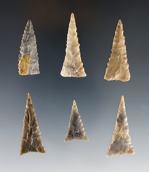 Set of 6 fine Ft. Ancient Points- Several are serrated. Kentucky/Tennessee. Largest is 1 5/8".