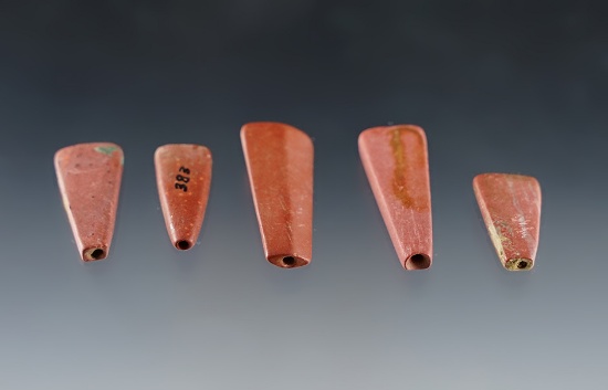 Nice Set! 5 micro drilled Iroquois trapezoidal catlinite beads - Townley Reed, Geneva, NY.