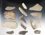 Set of 13 Sheet Agate Knives found in Nevada. Most are damaged. The largest is 3 13/16
