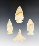 Set of 4 Ohio Flint Ridge points. Types include 2 Fishspears, 1 rare Fracture-Base Drill and 1 Dovet