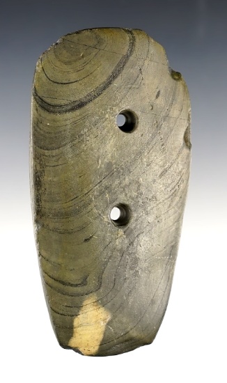 4 1/2" Gorget found in Huron Co., Ohio. Made from a nice grade of Banded Slate. Bennett COA.
