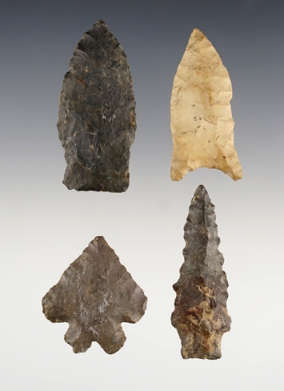 Set of four Ohio flaked artifacts, largest is a 2 1/8" Stemmed Lanceolate.