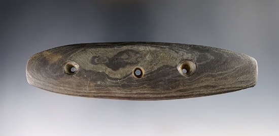 Large and rare 6 3/8" long 3-hole Gorget that is well made. Found in the Midwestern U.S. Ex. Miller.
