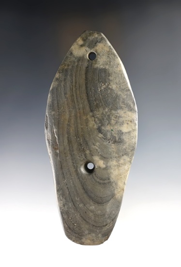 Fantastic 5 1/2" Sandal Sole Gorget made from heavily patinated Banded Slate. Indiana. Ex. Short.