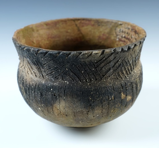 6” x  3 1/2”  Barton incised pottery vessel with some repair and restoration - Arkansas area.