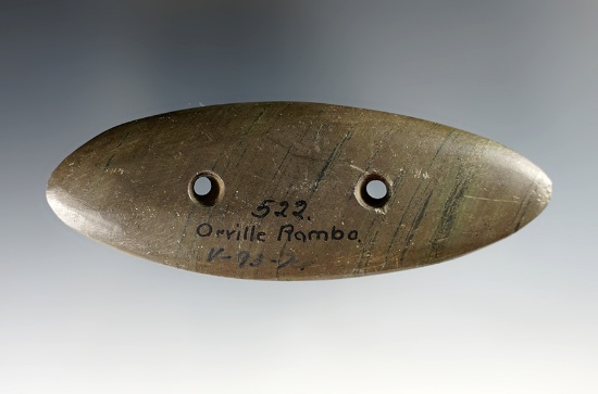 Well patinated 4 1/4" Elliptical Humped Gorget found in Ohio. Ex. Rambo, James Fahrni,  Root.