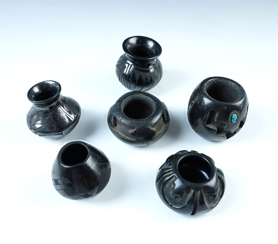Set of 6 Miniature Blackware Contemporary Southwestern Pottery Vessels in nice condition.