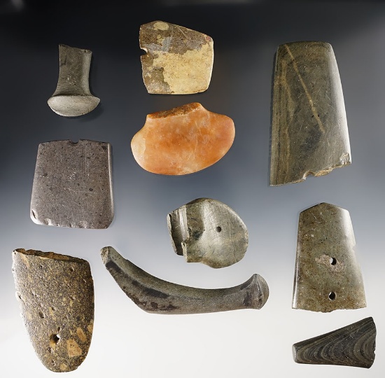 Set of 10 damaged Bannerstones, Pendants and Gorgets - some rare types. Largest is 3 5/8".