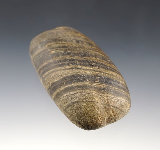 2 3/8" Banded Glacial Slate Loafstone that is grooved on top. Found in Mercer Co., Ohio.