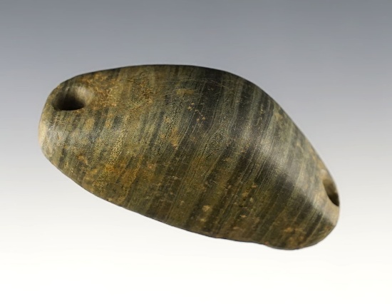 2 9/16" Boatstone made from green and black Banded Slate. Found in Starke Co., Indiana.