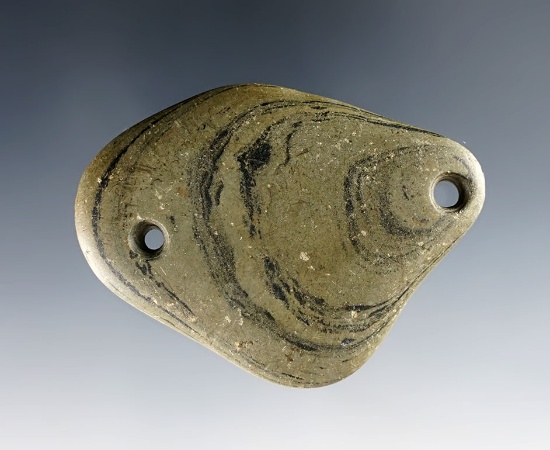 Uniquely styled 2 5/8" Gorget made from Banded Slate. Found in DeKalb Co., Indiana.