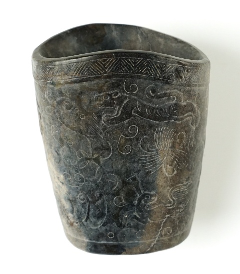 Nice 4" tall Jade Cup that is heavily engraved. Recovered in South East Asia.