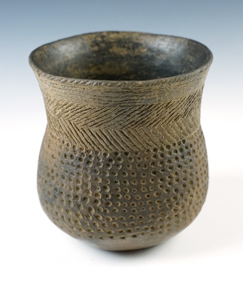 Excellent design on this 5" Caddo Sinner Linear Punctate Jar with flared rim. Arkansas. Pictured.