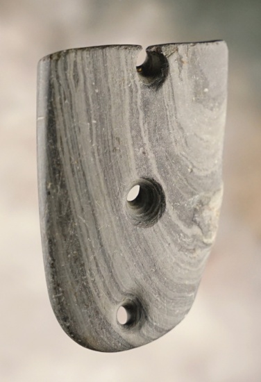 2 1/16" anciently salvaged Gorget made from patinated Banded Slate. Found in Ohio.