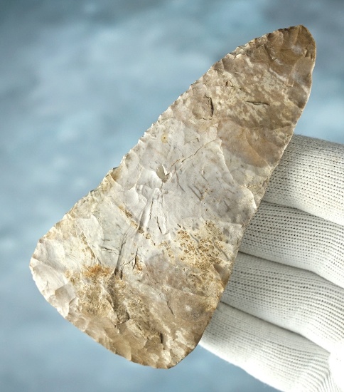 4 1/4" Cobbs Blade that is steeply beveled. Made from Ft. Payne Chert. Found in Tennessee.