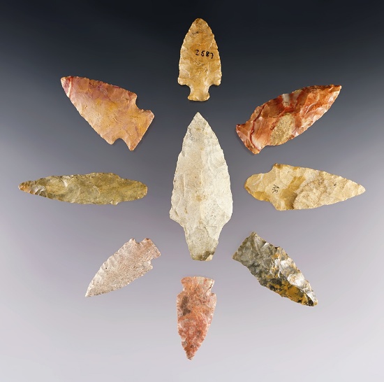 Set of 9 nicely made points found in the Kansas area. The largest is 3".