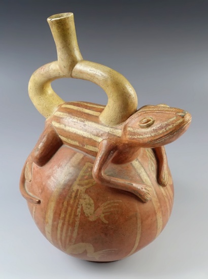 7 1/2" x 9 1/2" tall Moche Culture Lizard Effigy Stirrup Bottle recovered in South America.