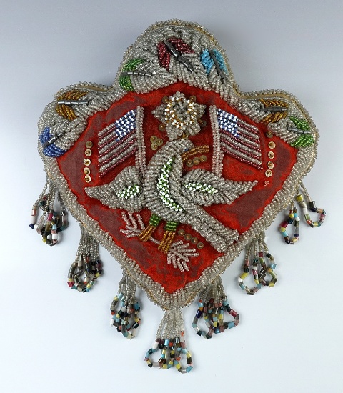 10 1/4" x  13 1/2"  Iroquois Beaded Heart Pincushion with  American Flags and a bird.