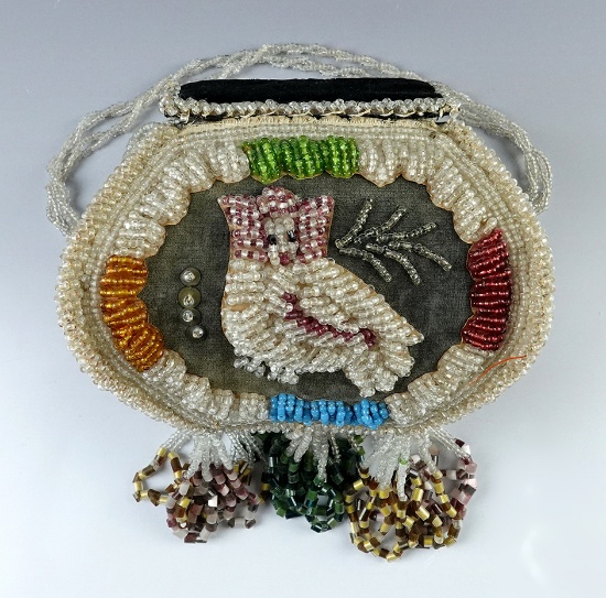 6" tall by 6 3/4" long by 5 1/2" wide Iroquois Beaded Purse with owl motif on each side.
