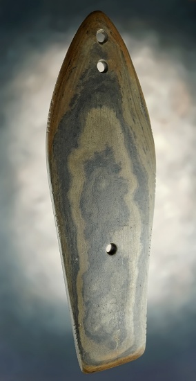 7 3/8" Sandal Sole Three Hole Gorget made from Glacial Slate. Edges are tallied. Michigan.