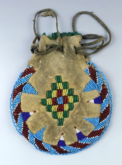 7 1/4" x  6 1/8" Apache Beaded Bag with intricate designs, including a cross and a triangle.
