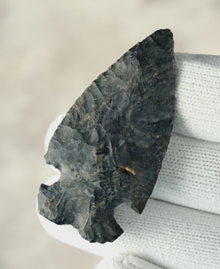 2 1/8" Coshocton Flint Intrusive Mound that is very well styled. Found in Knox Co., Ohio.