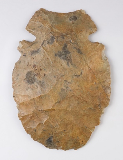 7" x  4 3/4" Mississippian Notched Hoe made from Mill Creek Chert. Comes with metal stand.