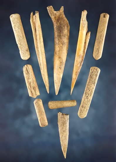 Set of 10 Bone artifacts found on the Shaddle Farm in Mason Co., West Virginia.