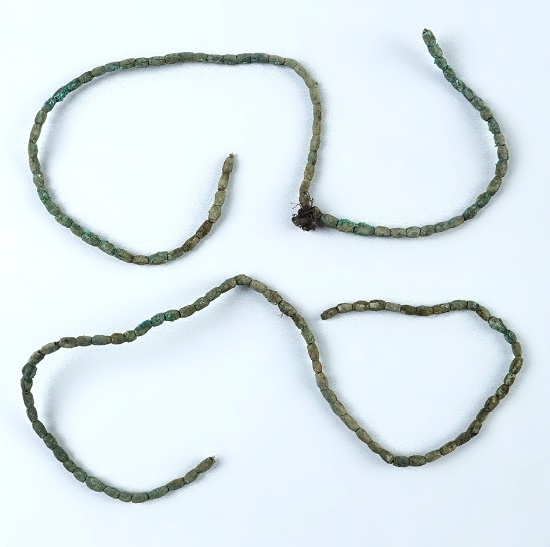 Pair of 9" Strands of Brass Mico Beads with original thread. Found at the Burrell Creek Site in NY.