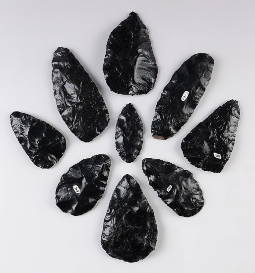 Set of 9 Bi-Face Cache Blades made from Obsidian. Found near the Snake River, Idaho.