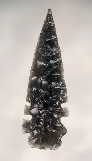 Thin and fine 1 13/16" Stockton Notched Leaf made from Obsidian. Ex. John Byrd. Stermer COA.