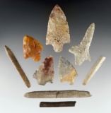 Set of 9 assorted Florida relics all found on the same site. Includes 5 Flint artifacts and 4 Bone.