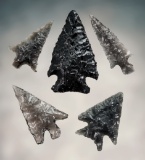 Set of 5 Obsidian arrowheads found in Oregon by Jack Corbet in the 1950's. Largest is  1 3/8