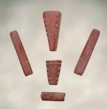Set of 5 drilled red Slate Beads found at the Burrell Creek Site in Livingston Co., New York.
