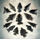 Set of 14 assorted Obsidian Points found in the Western U.S. These were once glued to a board.