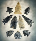 Set of 10 assorted arrowheads found in Summit Co., Ohio. Ex. Thursby collection. Largest is 2