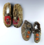 Two pairs of Vintage Moccasins made from fur and leather. The larger pair measures 9 3/4
