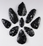 Set of 9 Bi-Face Cache Blades made from Obsidian. Found near the Snake River, Idaho.