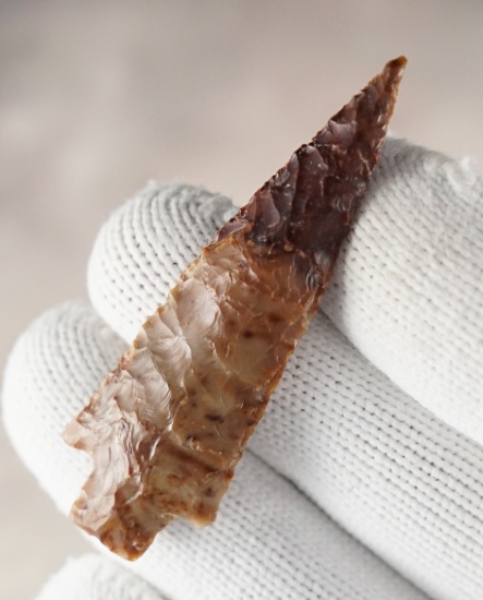 Stunning color! 2 1/8" Chalcedony Stemmed Dart Point. Found in Klickitat Co., Washington.