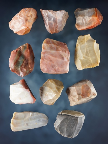 Set of 11 Hopewell Cores made from colorful Flint Ridge Flint. Found in Licking Co., Ohio.
